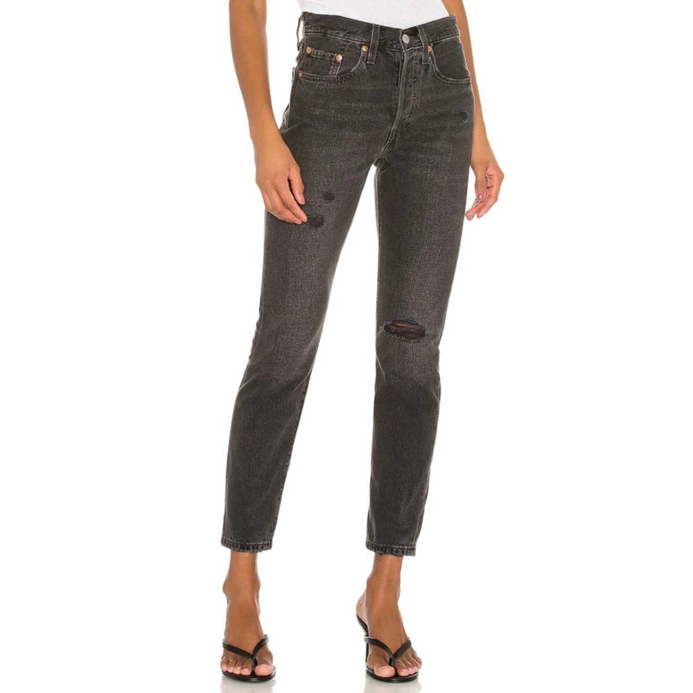 Levis Premium 501 Denim Jeans Skinny High Rise Distress Black Gray WOMENS 28x28